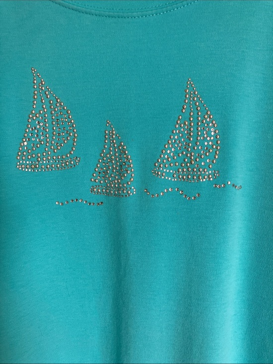 Palm Grove Tops - Sailboat Stud & Rhinestone Cotton Tee Beach Top Palm Grove XL Aqua Nautical